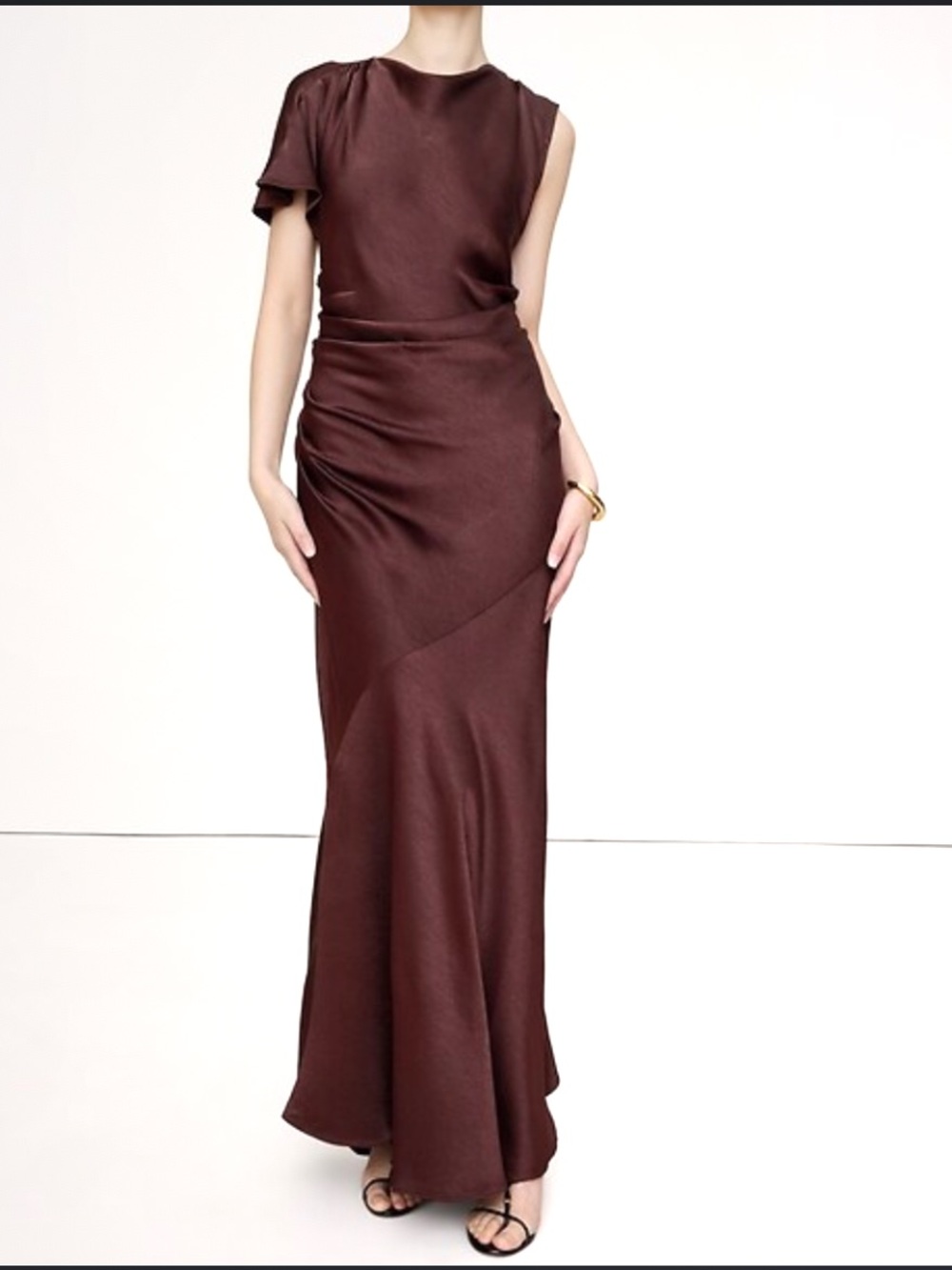 Banana Republic Asymmetrical
Hammered Satin Draped Maxi Dress in Chocolate